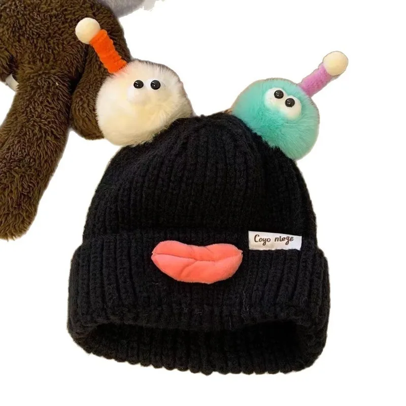 A Knitted Hat with Strange Colors and Novel Styles, Cute Autumn and Winter Children's Wool Ball Hat for Warmth Fun Creativity