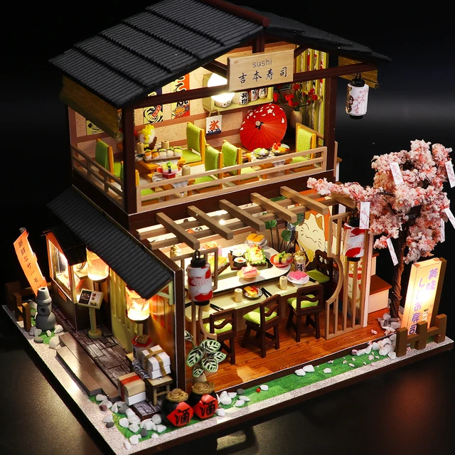 Cutebee DIY House Miniature with Furniture LED Music Dust Cover Model Building Blocks Toys for Children Casa De Boneca A68E 5