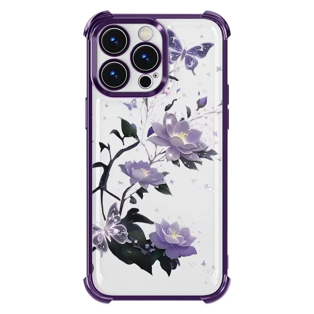 Elegant Purple Flower Clear Phone Case with Electroplated Four-Corner Protection