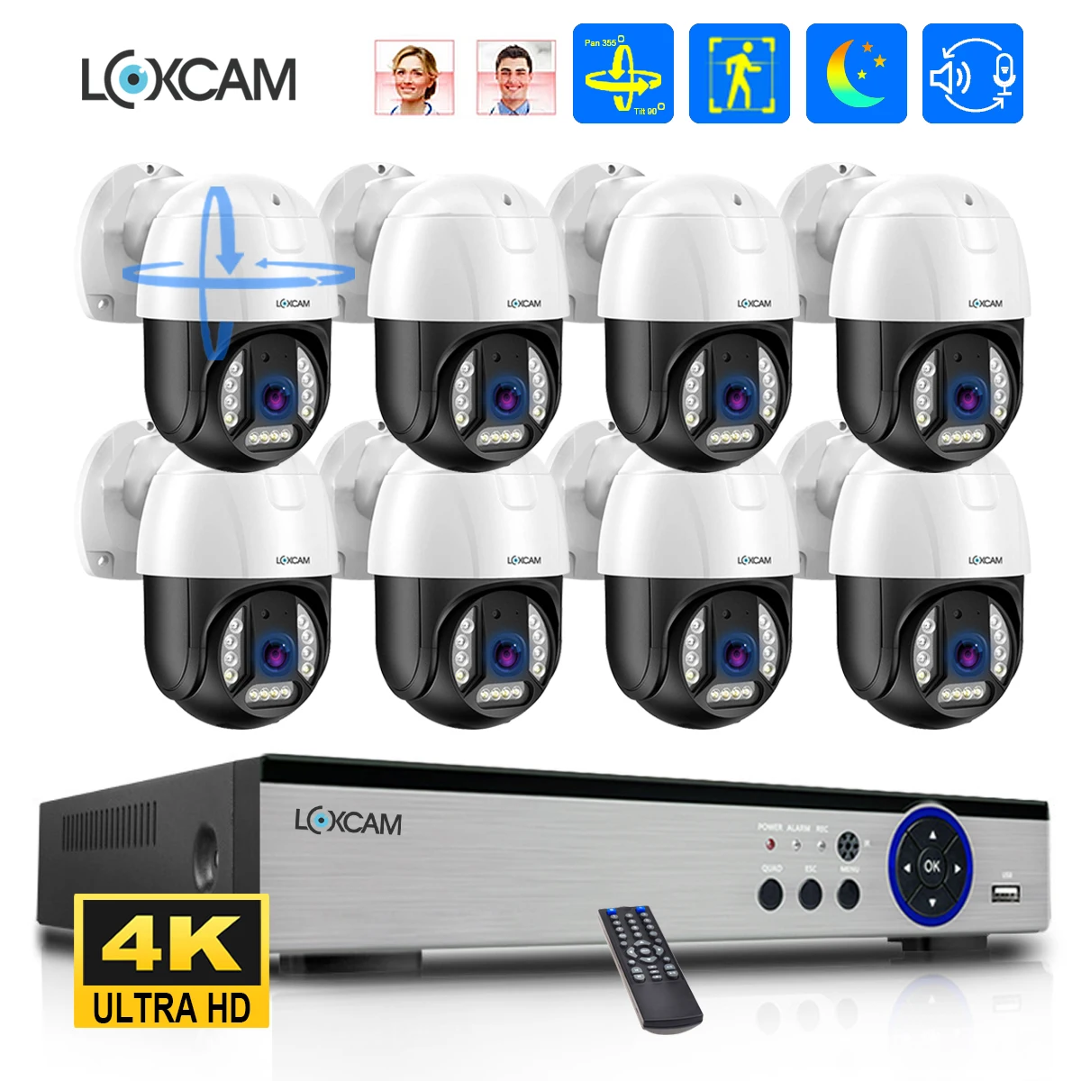 XMEYE 4K PTZ 보안 카메라 시스템 NVR 키트 8채널 8MP PoE 얼굴 인식 양방향 오디오 컬러 야간 투시경 비디오 감시 세트
