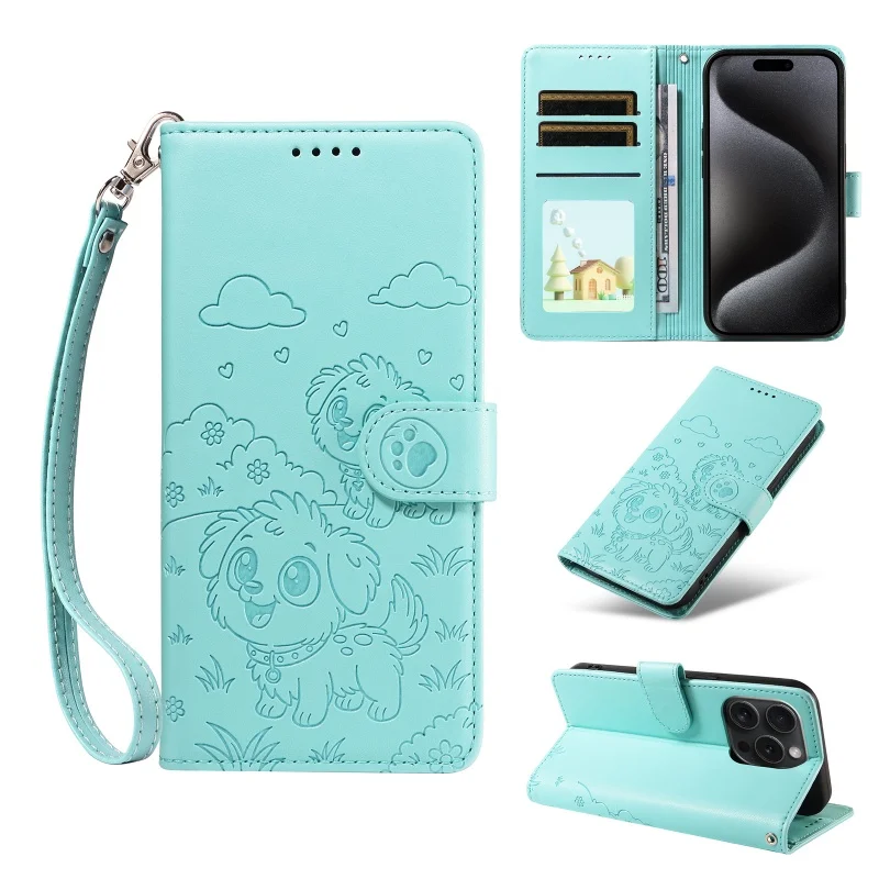 Love Dog Anti-Theft Leather Wallet Phone Case with Brush Lanyard and Card Holder