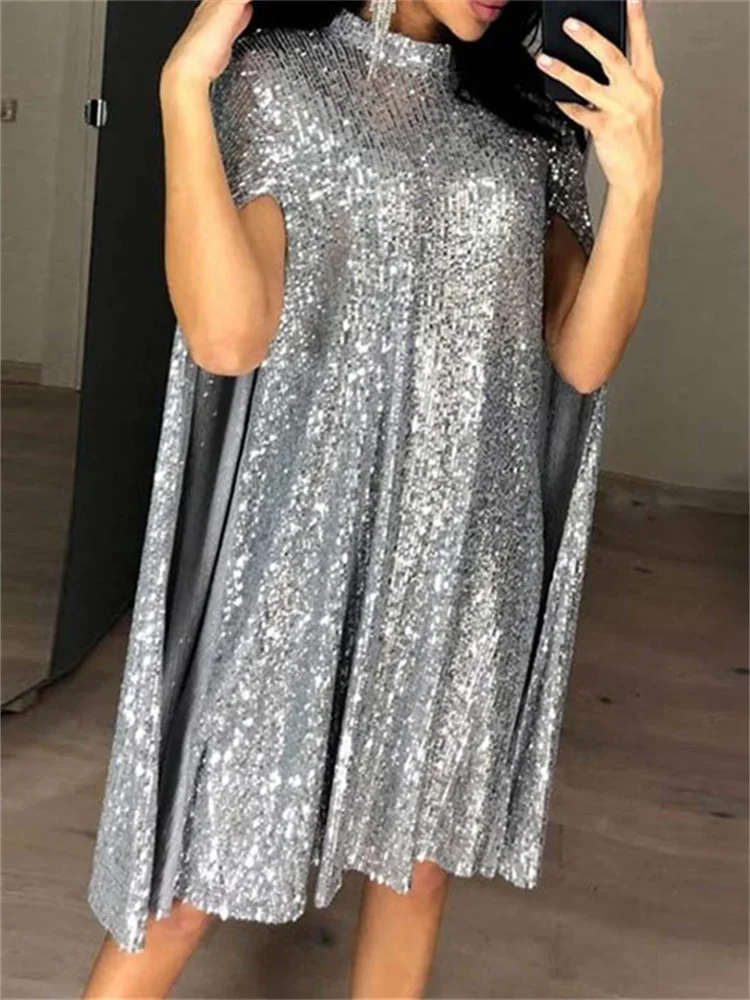 Wmstar Women Dress High Quailty  Stand-up Collar Sequin Loose Fitting Banquet Party Evening Cloak Sleeve Maternity Short Dresses