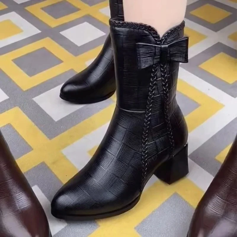 Autumn Women's Shoes Fashion Bowknot Chunky Heel Platform Ankle Boots for Women Plus Size Ladies Mid-calf Boots Zapatos De Mujer