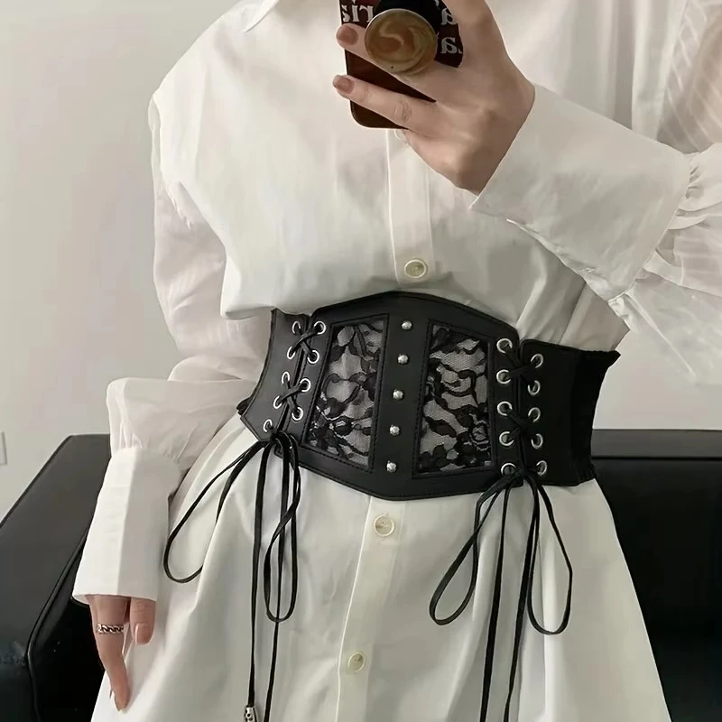 Retro Ladies's Elastic Lace Buckle  Lace Corset Belts Goth Punk Dress Corset Black Belt For Women On Shirt Dress Girdle Corset