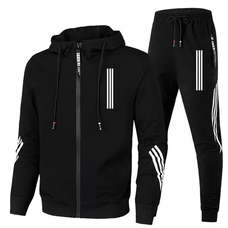 2024 Spring and Autumn Men's Hoodie+pants 2-piece set, three-layer diagonal sports jacket, zippered track and field men's fitnes