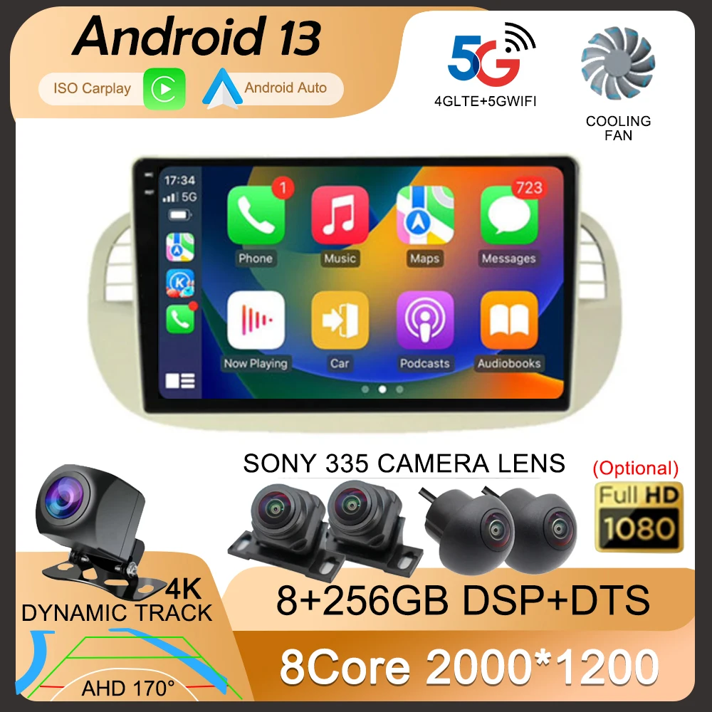 Android 13 Carplay Autoradio Per Fiat 500 Navigazione Gps Controllo Volante Lettore Multimediale Wifi + 4G Stereo 2Din 2 Din