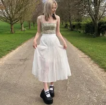 

Women Casual Fashion Solid Color A Line Pleated High Wasit Chiffon Casual Long Maxi Skirts Streetwear White