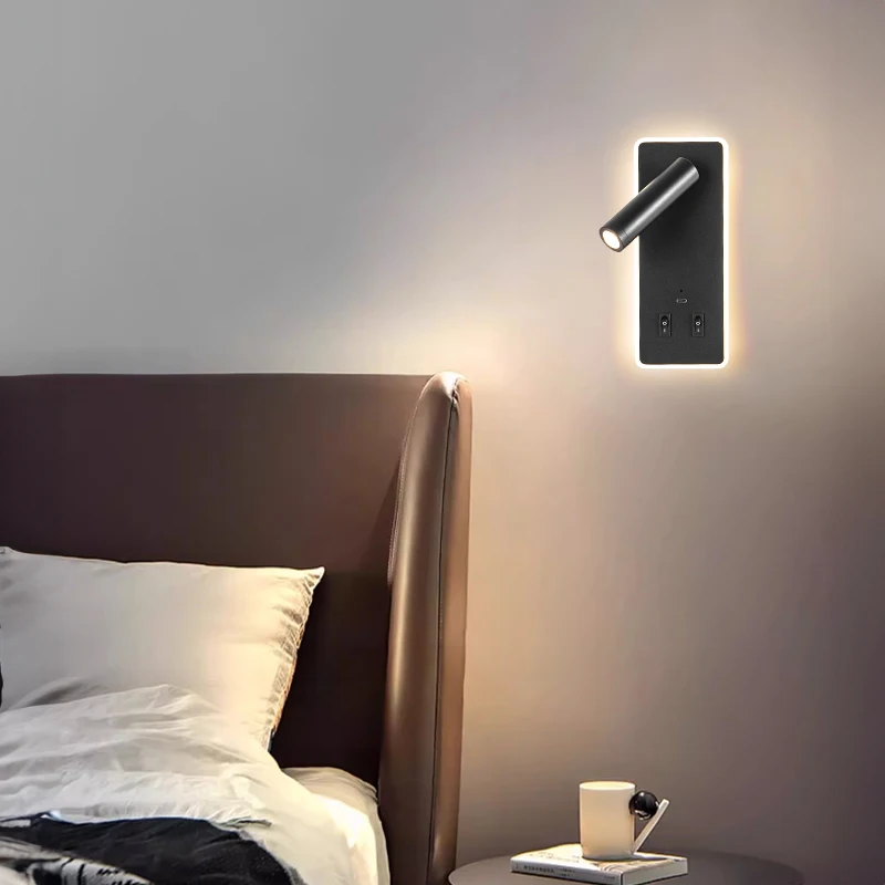 LED 가정용 배터리 USB 충전 벽 램프, 직사각형 자기 흡입 설치, 이중 제어 스위치, 실내 침대 옆 조명, 6W