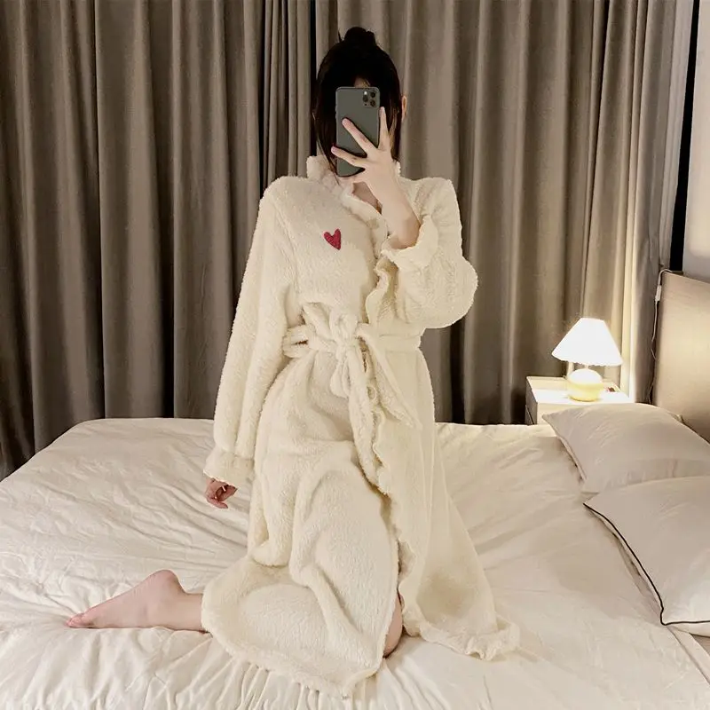 Heart Robe for Women Belt Sleepwear Nightdress Winter Night Wears Pajama Nightgown Long Sleeve Warm Fleece Homewear Japanese New