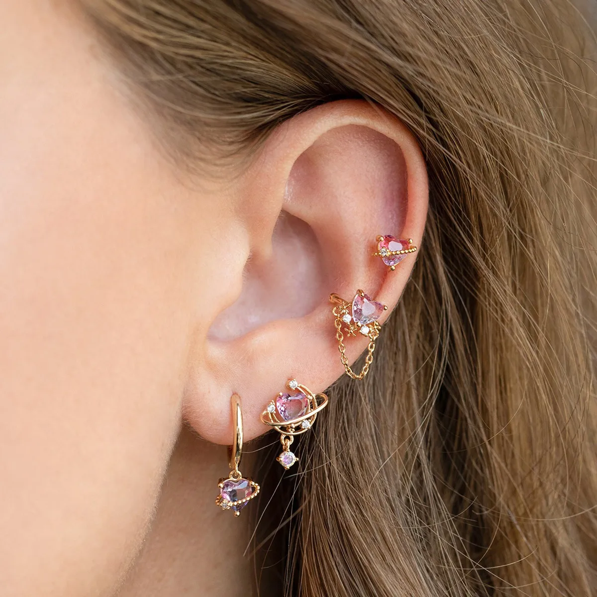 New ins Vintage Pink Heart Zircon Earring Gold-plated Exquisite Universe Moon Stud Earrings Set For Women Girls Fashion Jewelry 6