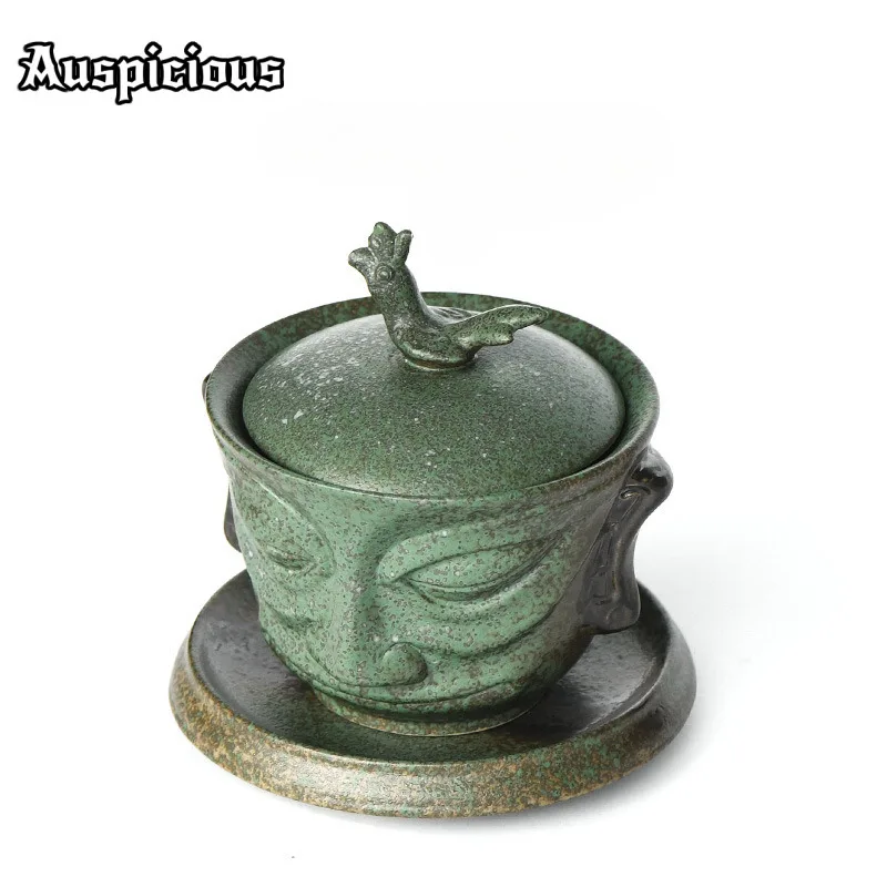 Sanxingdui Cultural And Creative Gaiwan Creative Bronze Mask Cover Bowl With Plate Vintage Tea Tureen Tea Maker Teaware Crafts