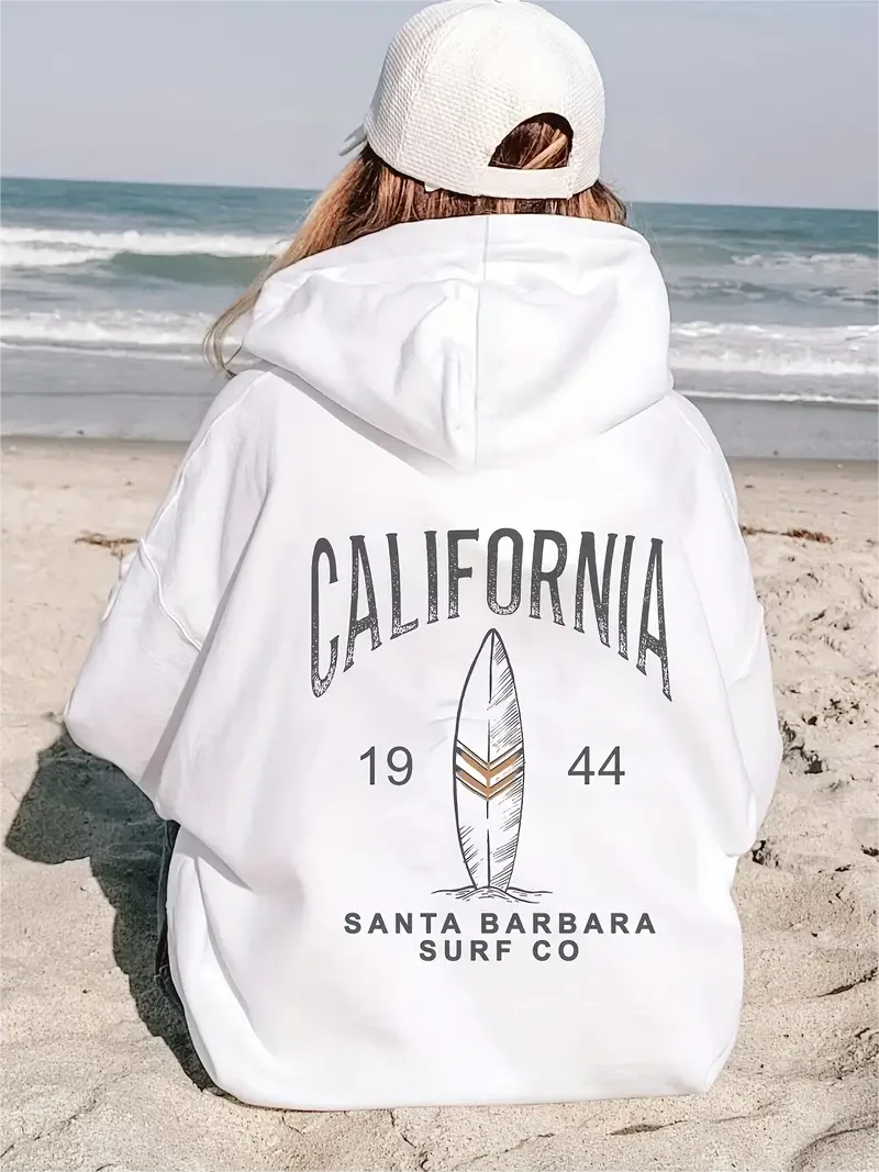 California Surf Print Kangaroo Pocket Hoodie Casual Long Sleeve Hoodies Sweatshirt Women's Clothing