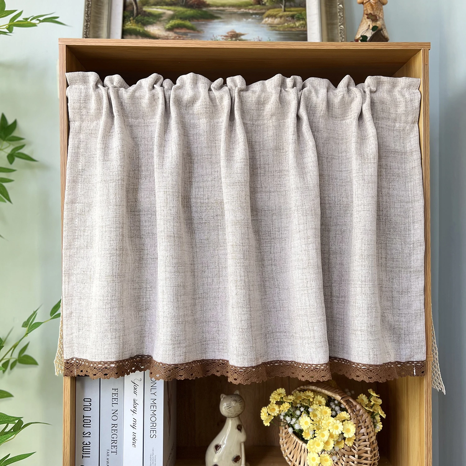 Mantovana cotone e lino reticolo, Tenda della cucina a intaglio con nappe, per soggiorno, fattoria, camera da letto, arredamento finestre oscuranti, tasca per asta ( Size : W145xH90cm/57x35.4in