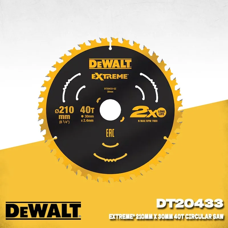 DEWALT DT20433 익스트림 210mm 40T 원형 톱날 C3 카바이드 얇은 키어프 진동 방지 네일 터프 파워 툴 액세서리