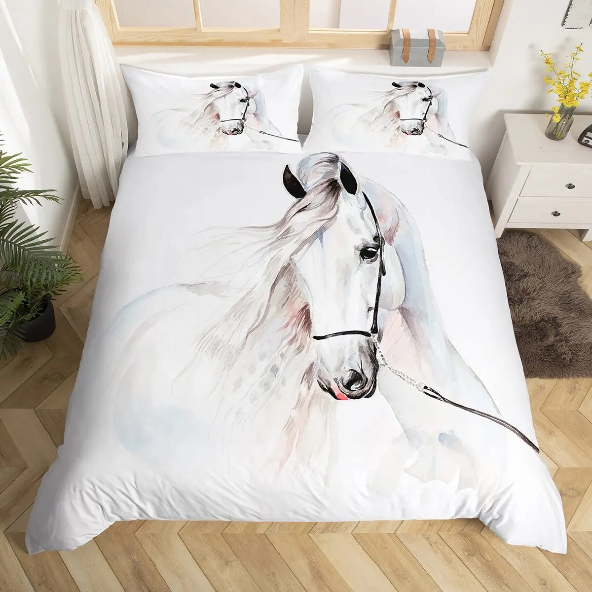 Parure de lit blanche avec motif cheval, housse de couette imprimée en  microfibre, motif animaux, pour la reine des neiges, 2/3 pièces - AliExpress