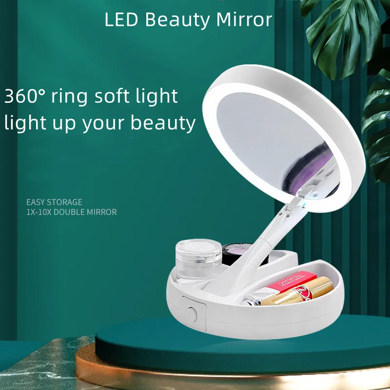 Portable LED Light Makeup Mirror Vanity Lights Compact Make Up Pocket Mirrors Vanity Cosmetic Hand Folding Led Mirror Lamp Gift