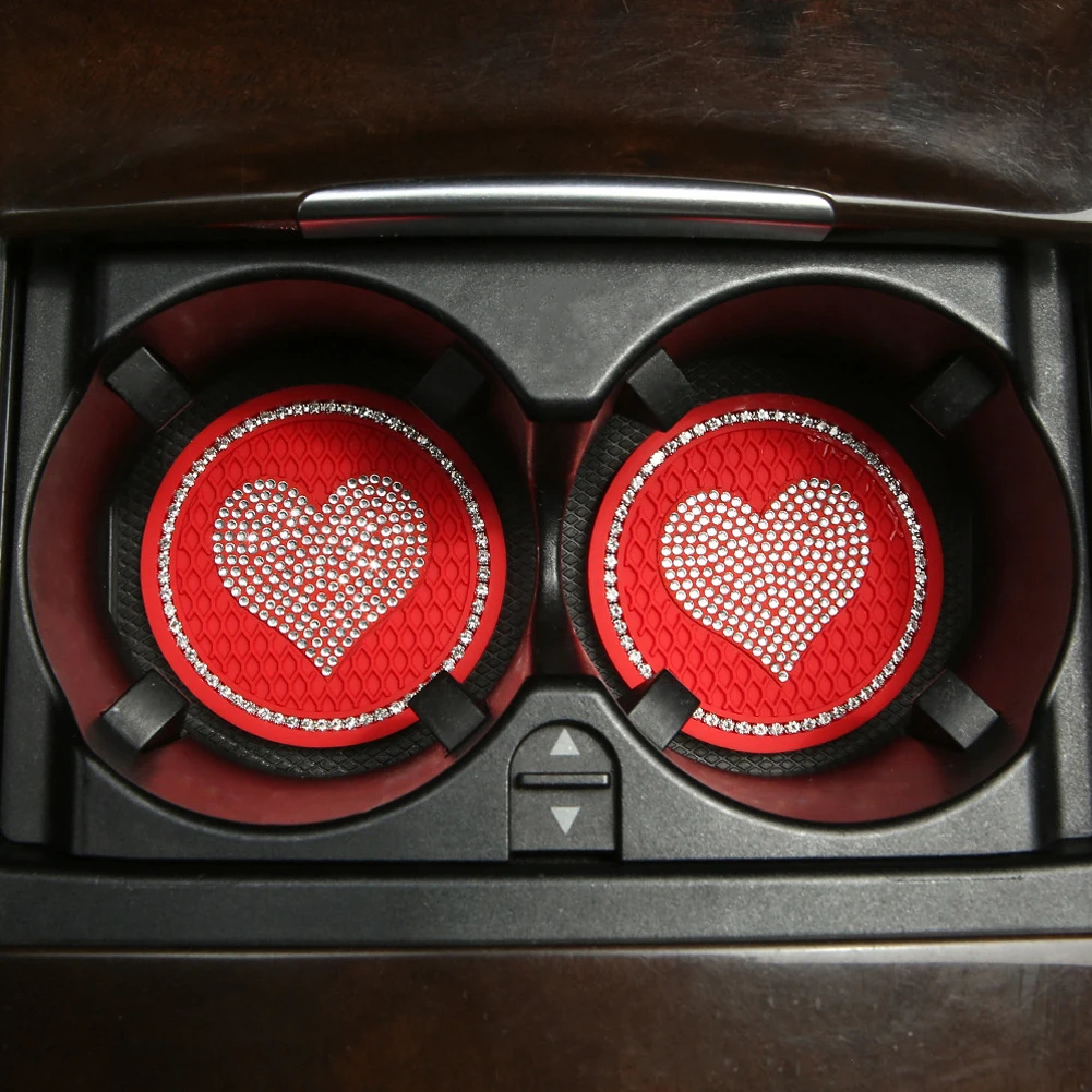 Car Coaster Pads 2PCS Heart Shape Car Diamond Coaster Water Cup Slot Non-Slip Mat Silica Pad Cup Holder Mat Auto Interior Decoration Accessories