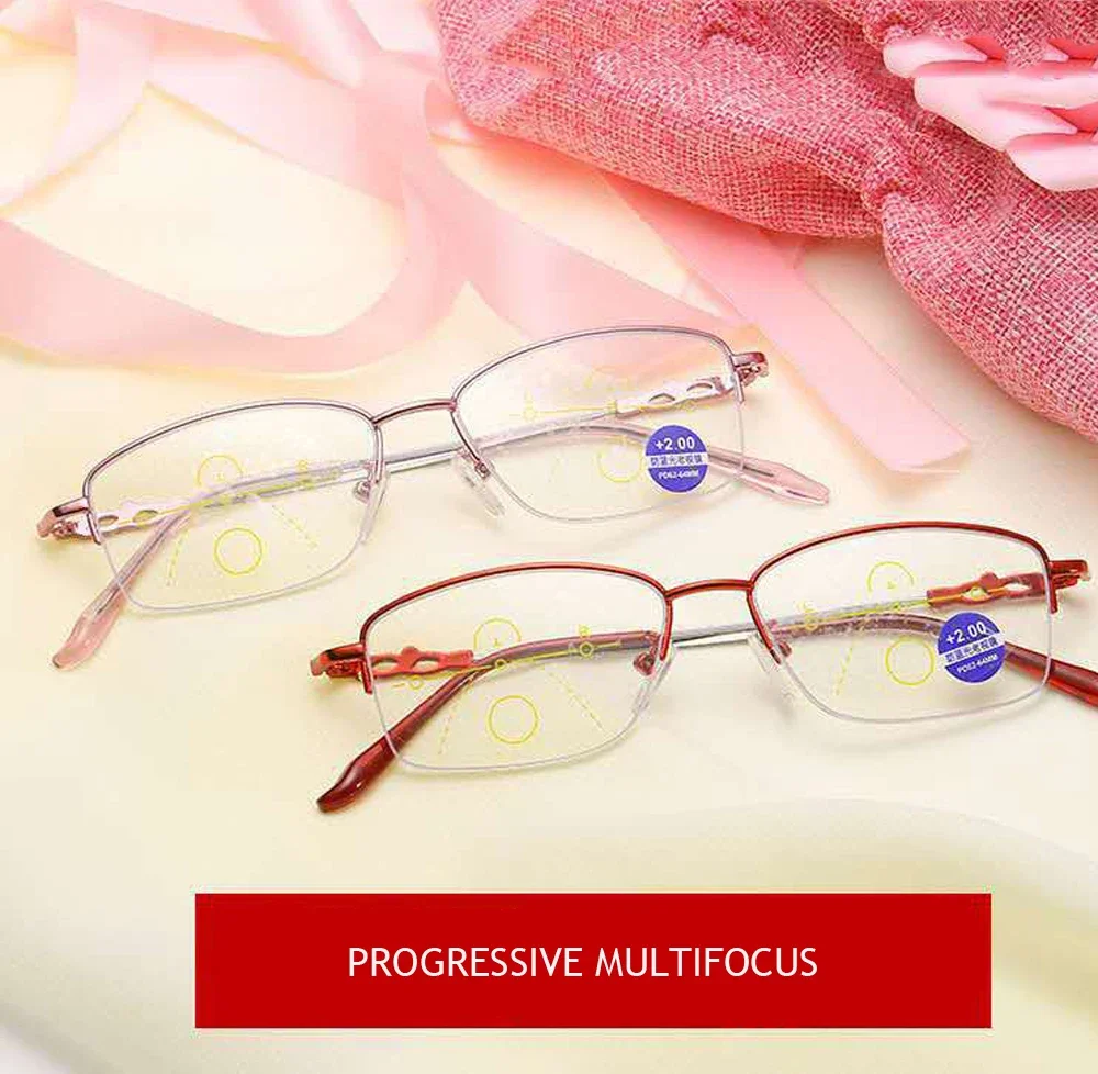 

Progressive Multifocus See Near and Far Reading Glasses Women Semi-rim High Quality Elegant Spring Hinges Anti Blu +1 +1.5 to +4