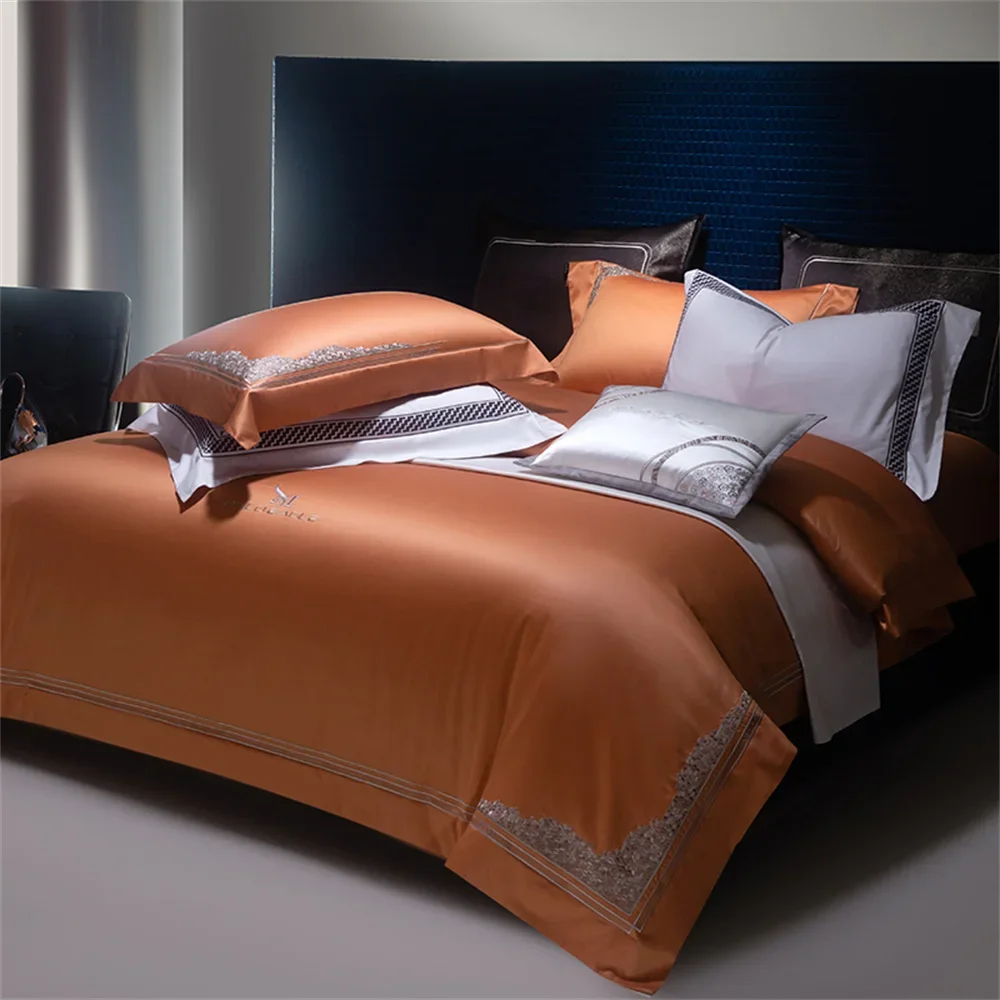 Svetanya Orange Egyptian Cotton Satin Jacquard Embroidery bedding set King Queen Bed Lines Elastic Sheet Pillowcase Duvet Cover - Image 2