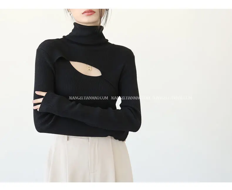 pink sweater ALANOS 2022 Spring Fashion Women Sexy Hollow Out Slim Fit Long Sleeve Casual Scarf Collar Solid Black Tops Women's Clothing ladies sweater