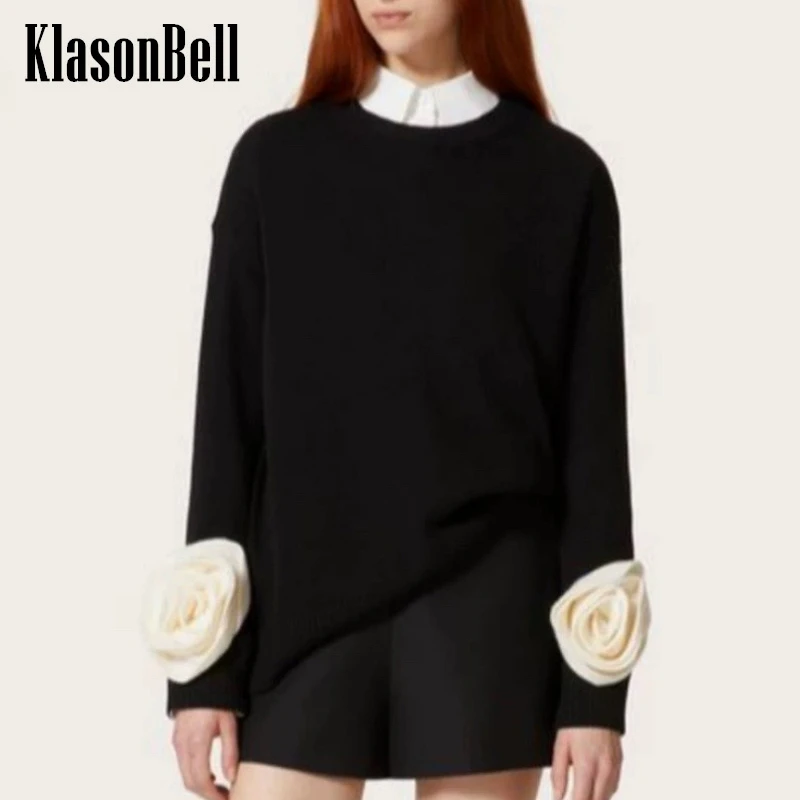 

1.5 KlasonBell 2024 Spring New Celebrity Same Temperament Sweet Flower Cuff Decoration O-Neck Loose 100% Knitted Sweater Women