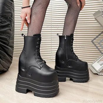 Height Increasing Women's High Boots Black Leather Thick Bottom Platform Shoes Side Zip Gothic Punk Short Boots Street Style 1