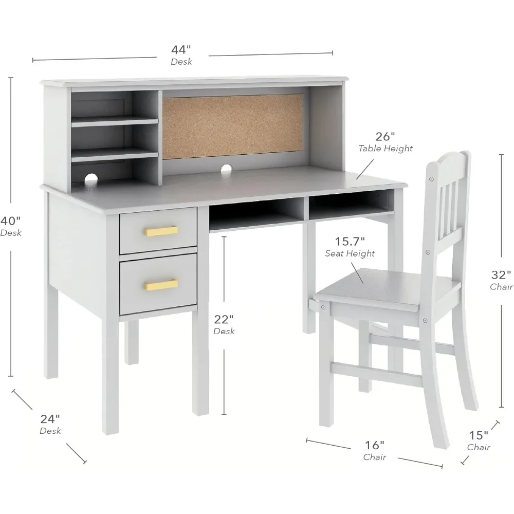 Taiga Desk, Hutch and Chair-Gray: Kids Wooden Computer Study Desk Set with Storage Shelves, Corkboard, and Drawers Children's
