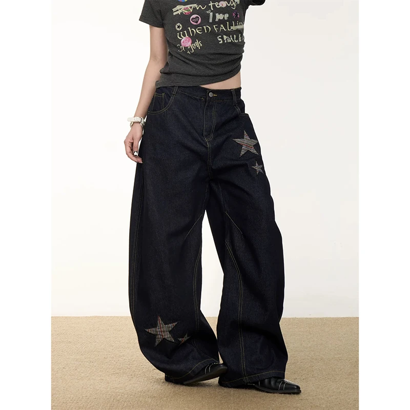 YIBASHU Women Vintage Baggy Black Star Jeans High Waist Denim Trousers 2000s Y2k Harajuku Aesthetic Wide Pants Trashy Clothes 2
