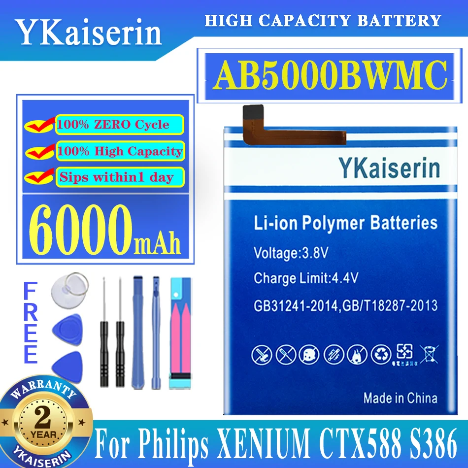 

YKaiserin 6000mAh AB5000BWMC Battery For Philips XENIUM S386 X588 CTS386 CTX588 Phone High Quality Battery Batteria + Free Tools