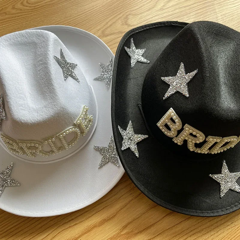 Western Cowboy Hat Bride Letter Stars Diamond Tiara Cowgirl Cap Costume Cosplay Party Play Dress Up