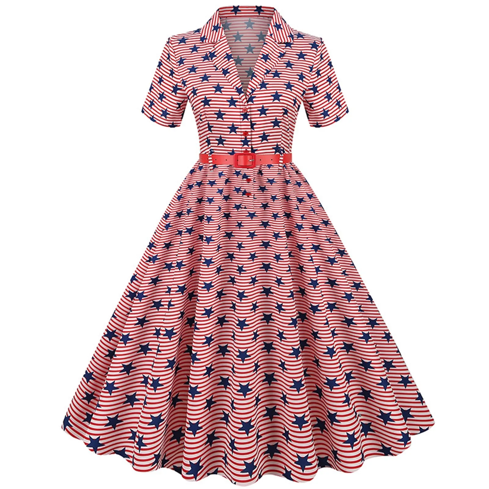 

Women Retro 1950s Independence Day Print Casual Pleat Dress Summer Short Sleeve Button Belt Flag Print Party Prom Swing Vestidos