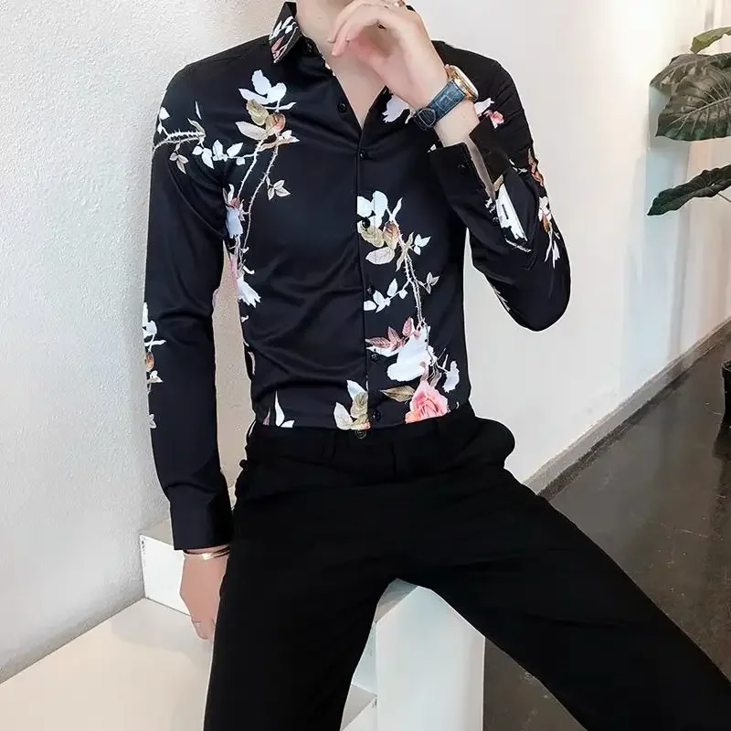 thumbnail image 1 of Camisas para hombre blancas con estampado Camisa de hombre de manga larga estampada Nueva en cuello Asia S Ropa popular coreana Trendyol Tops originales, 1 of 5