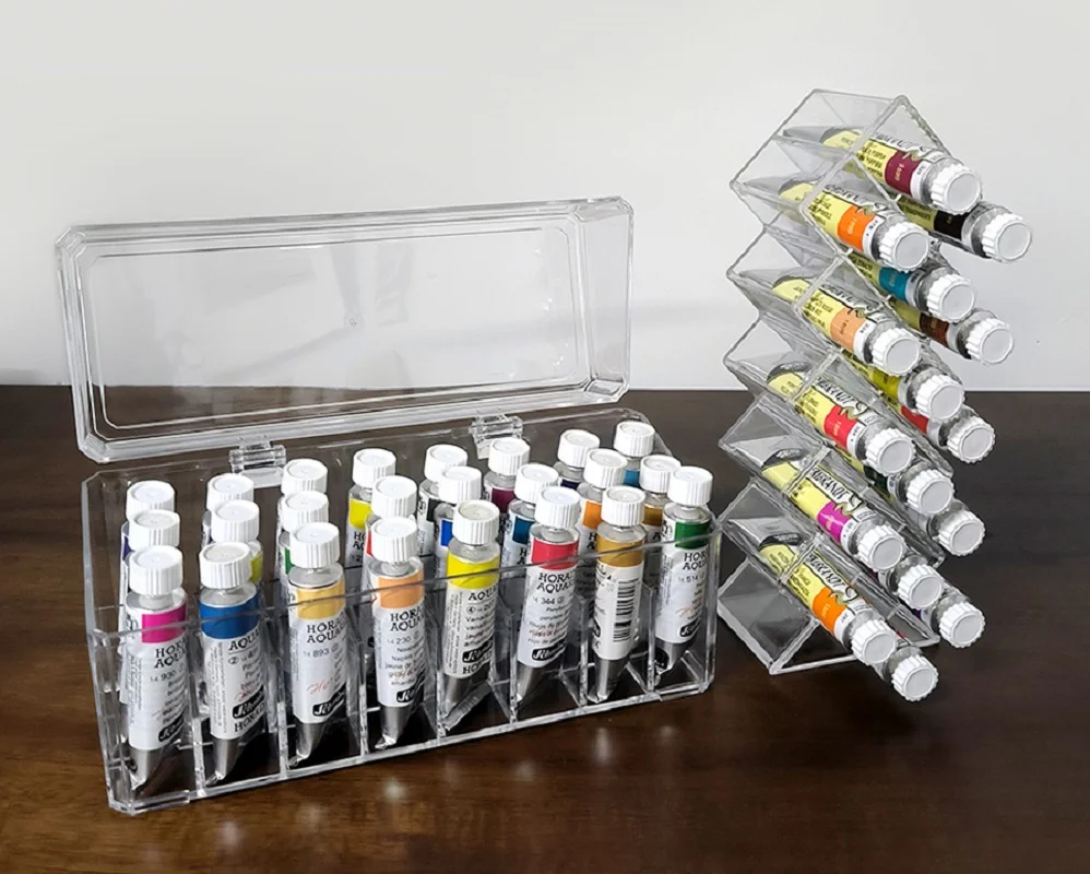 Watercolor Tube Storage Box Acrylic 24 Grid with Lid Transparent Box 28 Grid Acrylic Oil Painting Gouache Storage Rack Art tool paint container