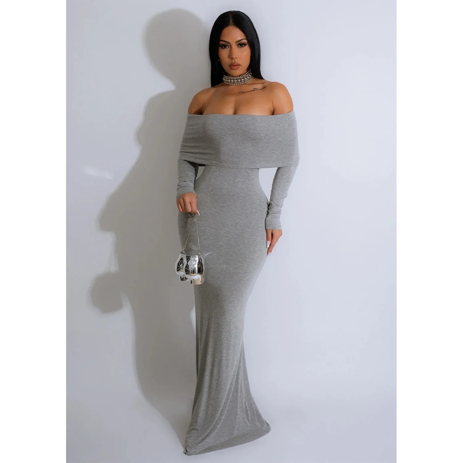 

2023 Autumn Sexy Off Shoulder Fishtail Bodycon Long Dress Women Fashion Solid Slash Neck Long Sleeve Stretch Tight Party Dresses