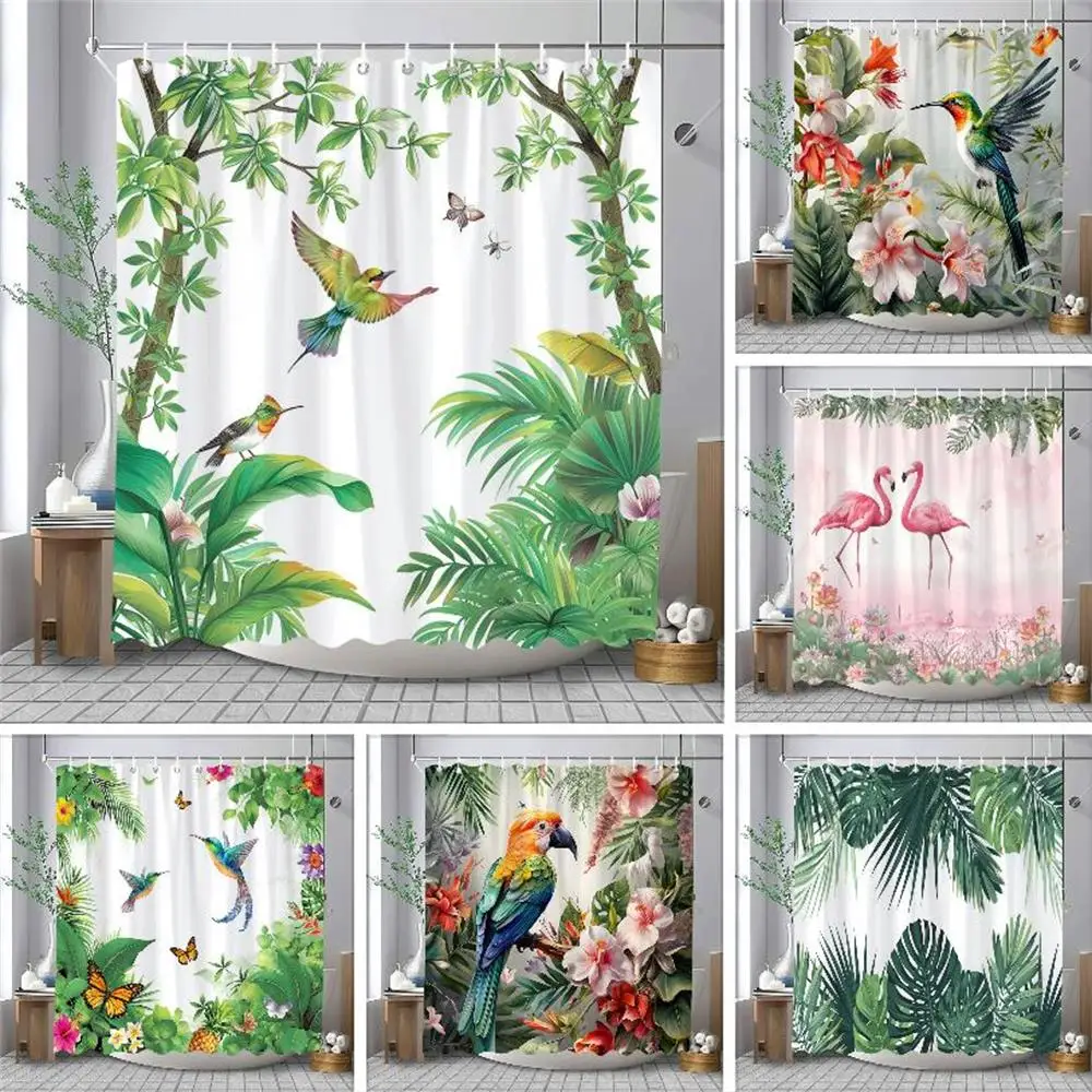 

Занавеска для душа с тропическими растениями, попугаями, акварель, Пальмовые Листья, птицы, розовые, цветочные, зеленые листья, занавески для ванной комнаты, домашний декор