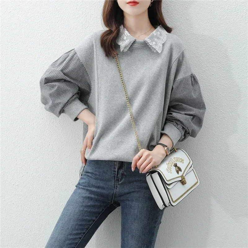 Women Turn Collar Simple Patchwork Sweatshirt 2024 Autumn Loose Lapel Stitched Casual Long Sleeve Pullover Female Stylish Tops