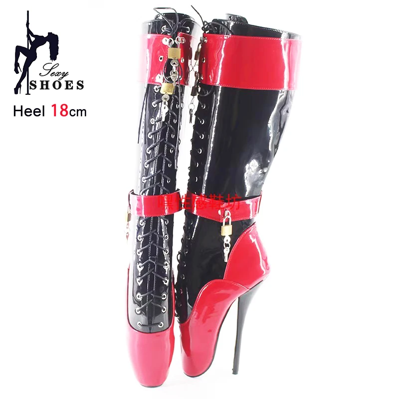 Lock Wrap Strap Sexy Mid-calf Boots For Woman Ballet Boots 18CM/7'' Lockable Padlocks Stiletto Lace-up Large Size Fetish Shoes