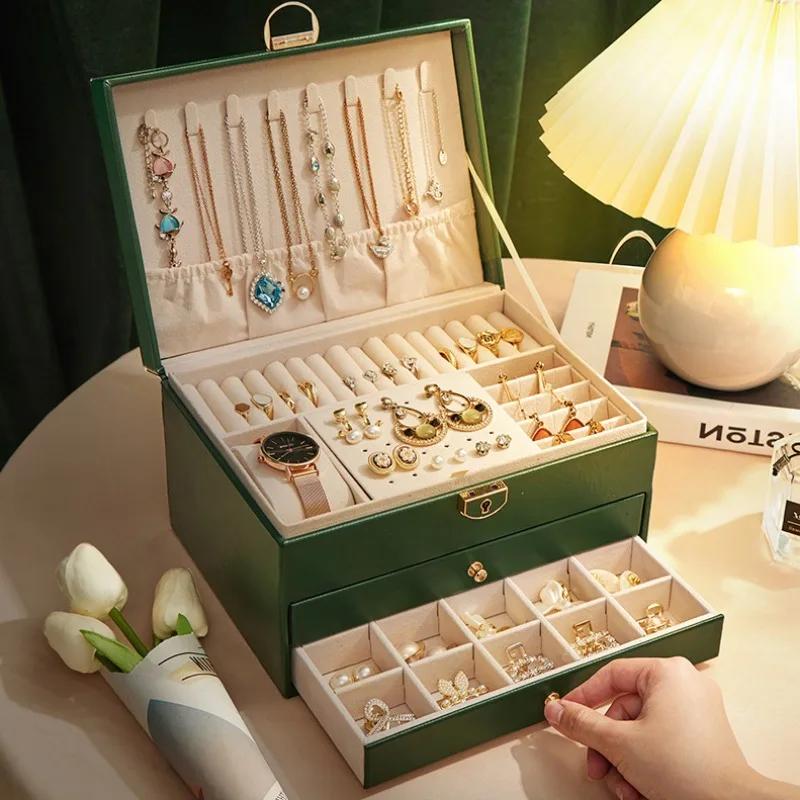 

Multi Functional Three Layer Leather Drawer Style Jewelry Box Earrings Necklace Rings Organizer Boxes Jewellery Box with Lock