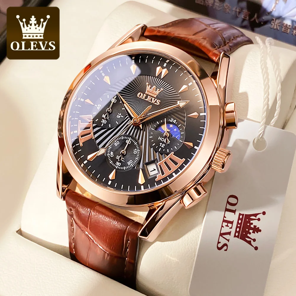 OLEVS 2876 Fashion Business Male's Watches Waterproof Moon Phase Leather Strap Quartz Watch Luminous Original Wristwatch Brand 4