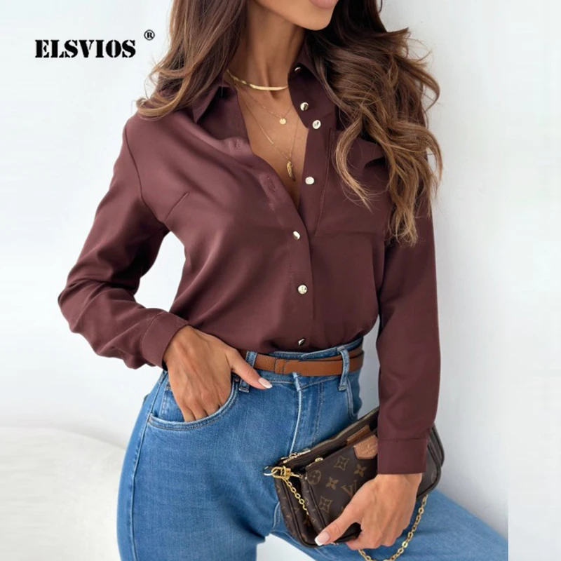 

Commute Elegant Office Party Blouses For Women Autumn Winter Fashion New Turn-down Collar Buttons Cardigans Simple Casual Shirts
