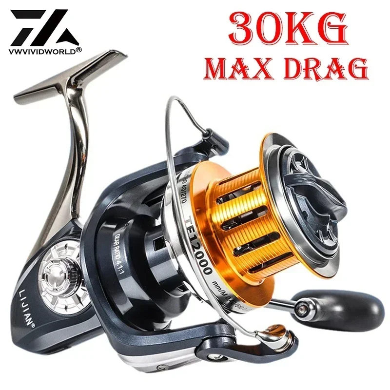 

VWVIVIDWORLD,Fishing Reel,9000-12000 Series,30kg Max Drag,4.1:1 Gear Ratio,Metal Spool,Rotating Reel,Sea Saltwater Spinning Reel