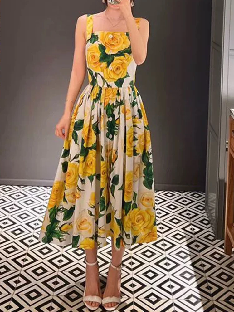 

In summer, the new printed button word collar dress with suspenders, high waist and big swing temperament, long A-line dress.