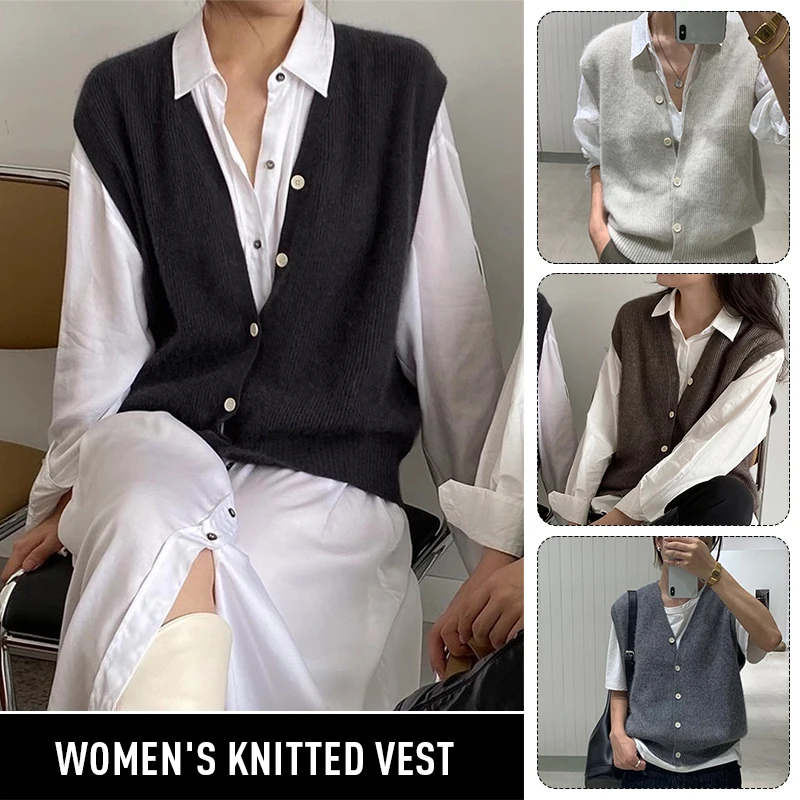 

Solid Color Knitted Vest Office Ladies Japanese Style V-Neck Button Cardigans Coats Women's Spring Fall New Elegant Sweater Vest
