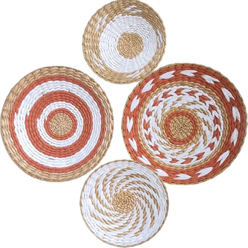 4 Pcs Wall Decoration Plates Bright Colorful Patterns Woven Basket Decorations Straw Hanging Nordic Style Home naments