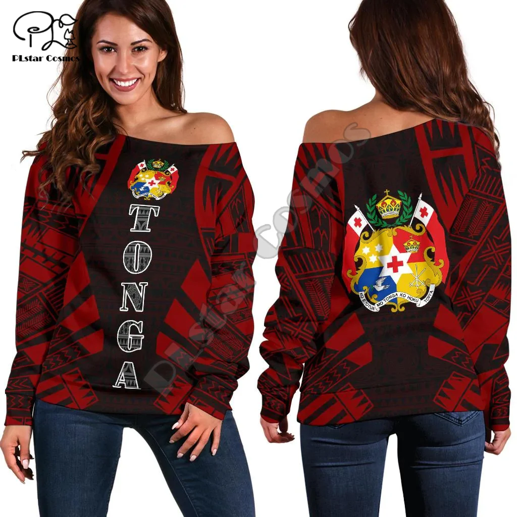 Polynesian Country Tonga Island Flag Tattoo Tribal 3DPrint Women Casual Funny Harajuku Off Shoulder Sweatshirts Long Sleeves X4 men s 3d graphic design features tonga hawaii samoa flag of the philippines bomber jacket full button jacket unisex jacket