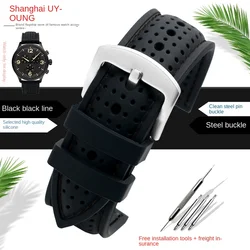Breathable Silicone Sports Watch Strap - Soft Waterproof Rubber Wristband - 24mm (Black silver)