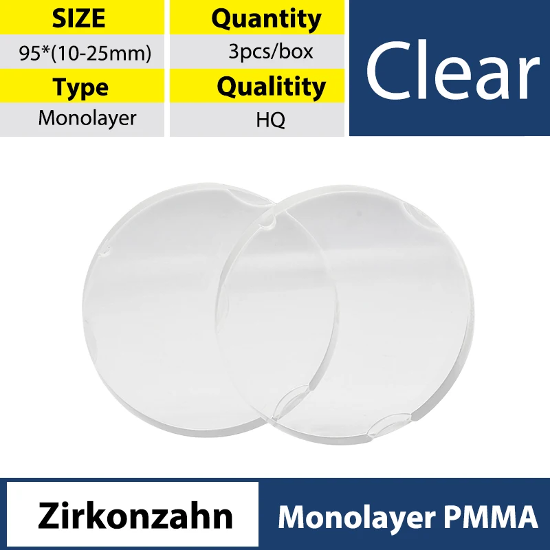 

XANGTECH Clear Color 95mm Zirkonzahn Monolayer PMMA Discs Blocks (95mm)10-25mm 3pcs High Quality for Dental Lab