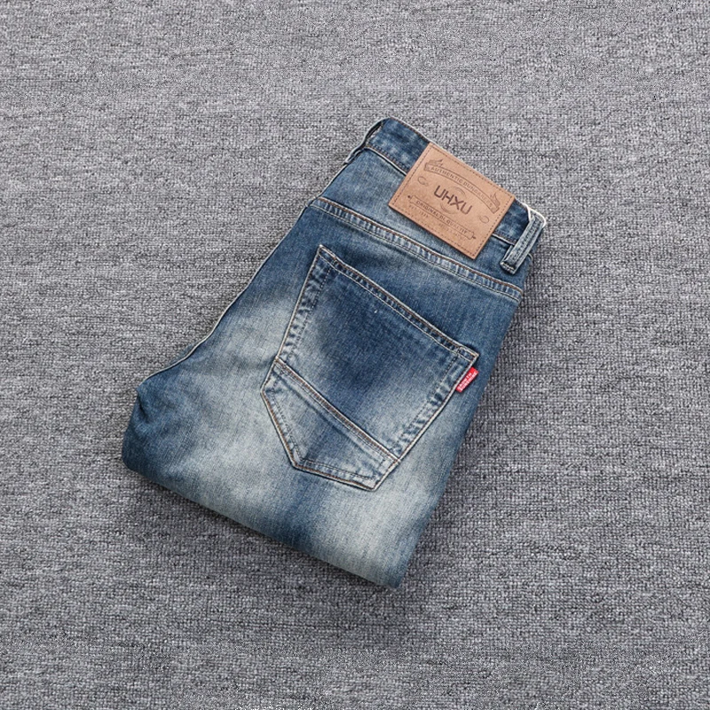 Italian Style Fashion Men Jeans Stretch Slim Fit Ripped Jeans Men Plain Washed Retro Blue Vintage Designer Denim Pants Hombre