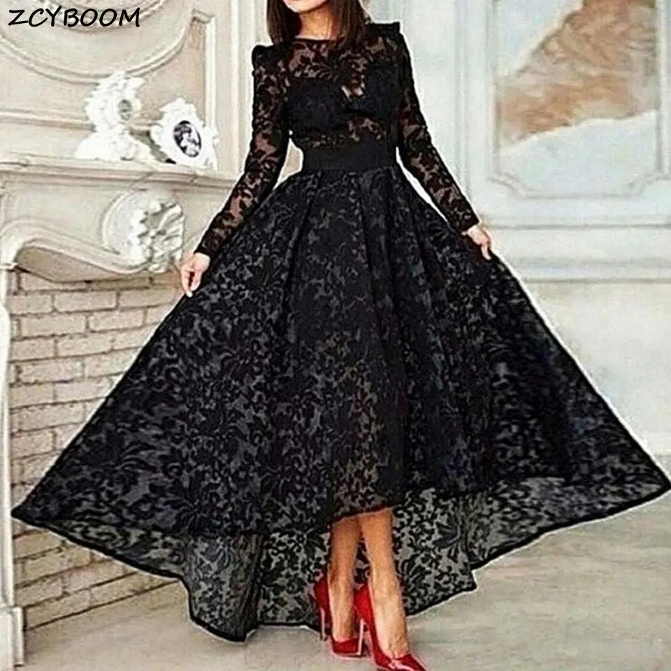Black Lace Muslim Prom Dresses 2023 Women Formal Party Night Elegant A-Line Vestido De Gala Long Sexy Saudi Arabia Evening Gowns