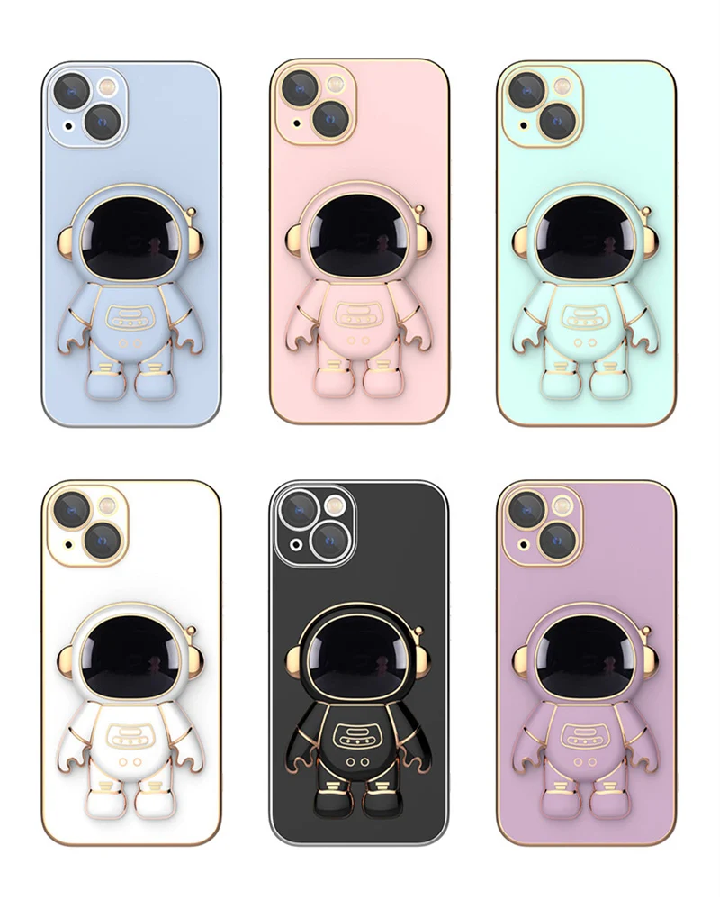 3D Astronaut Telescopic Stand Holder Plating Case For iPhone 13 11 12 Pro Max Mini XS Max X XR 7 8 Plus SE 2020 Silicone Cover cute iphone 11 Pro Max cases